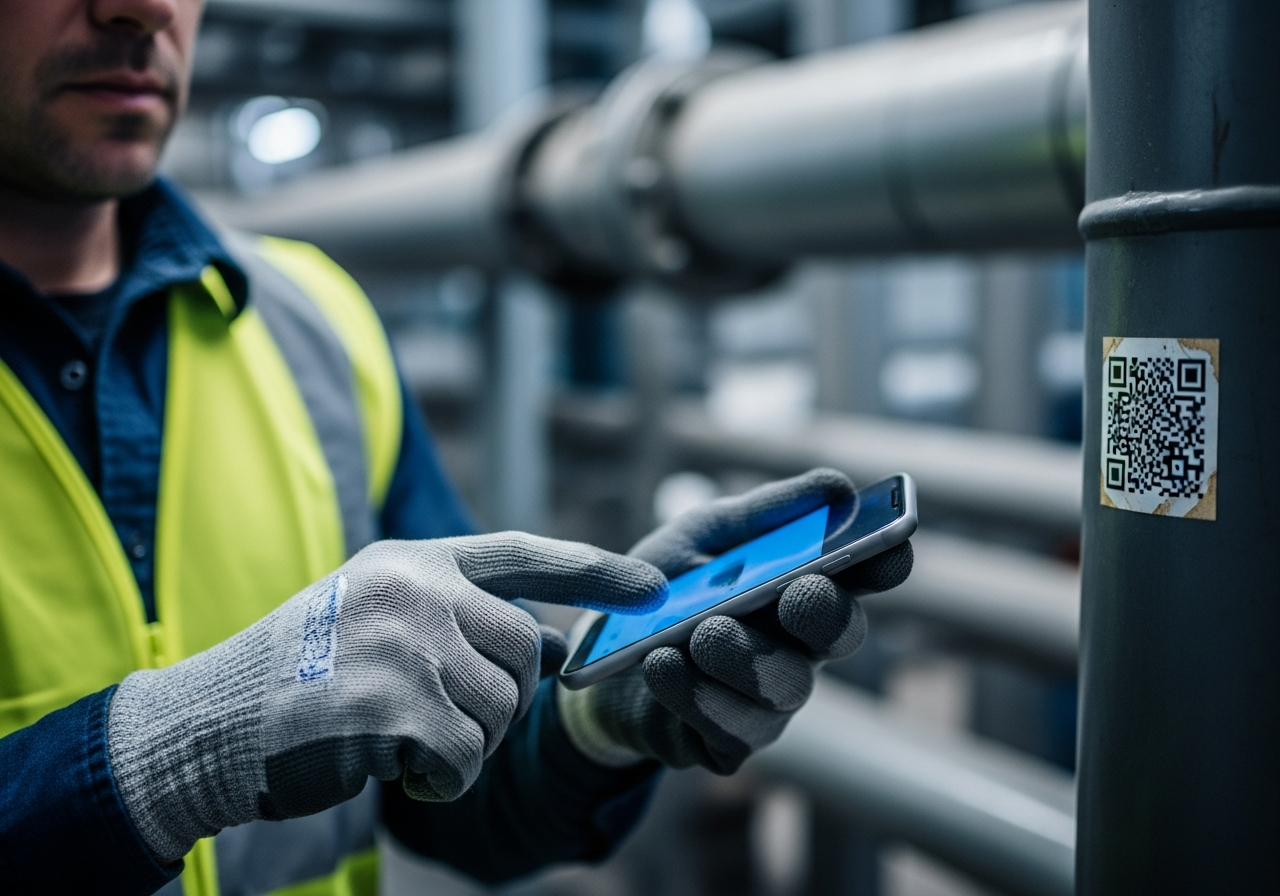 Technicien scannant un QR code Safety Pass sur le terrain