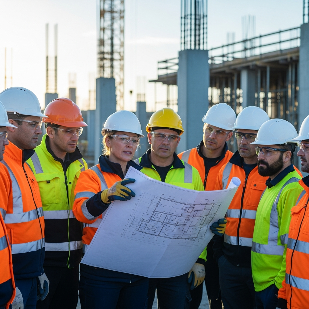 Équipe BTP en briefing sécurité sur un chantier